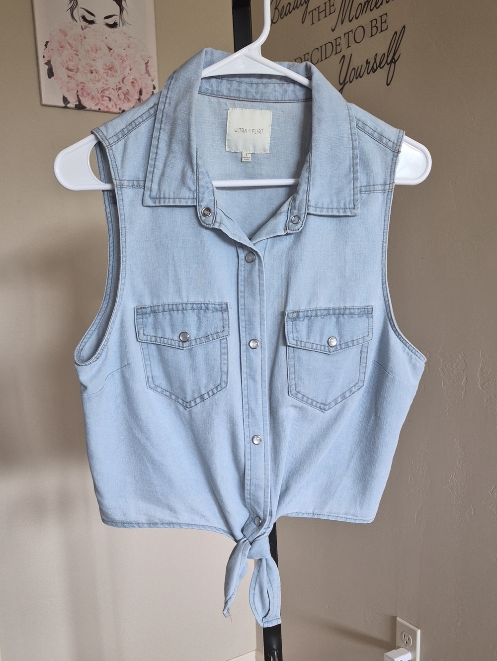 Ultra Flirt Light Blue Denim Tie-Front Sleeveless Top